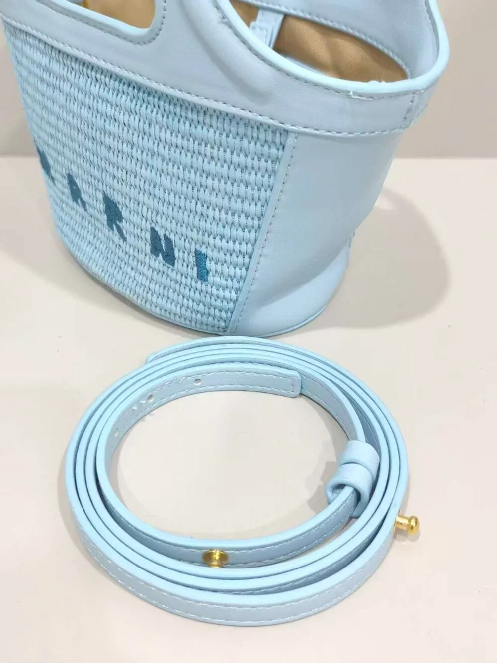 Marni Mini Light Blue Raffia Basket Tote Bag Removable Crossbody Strap